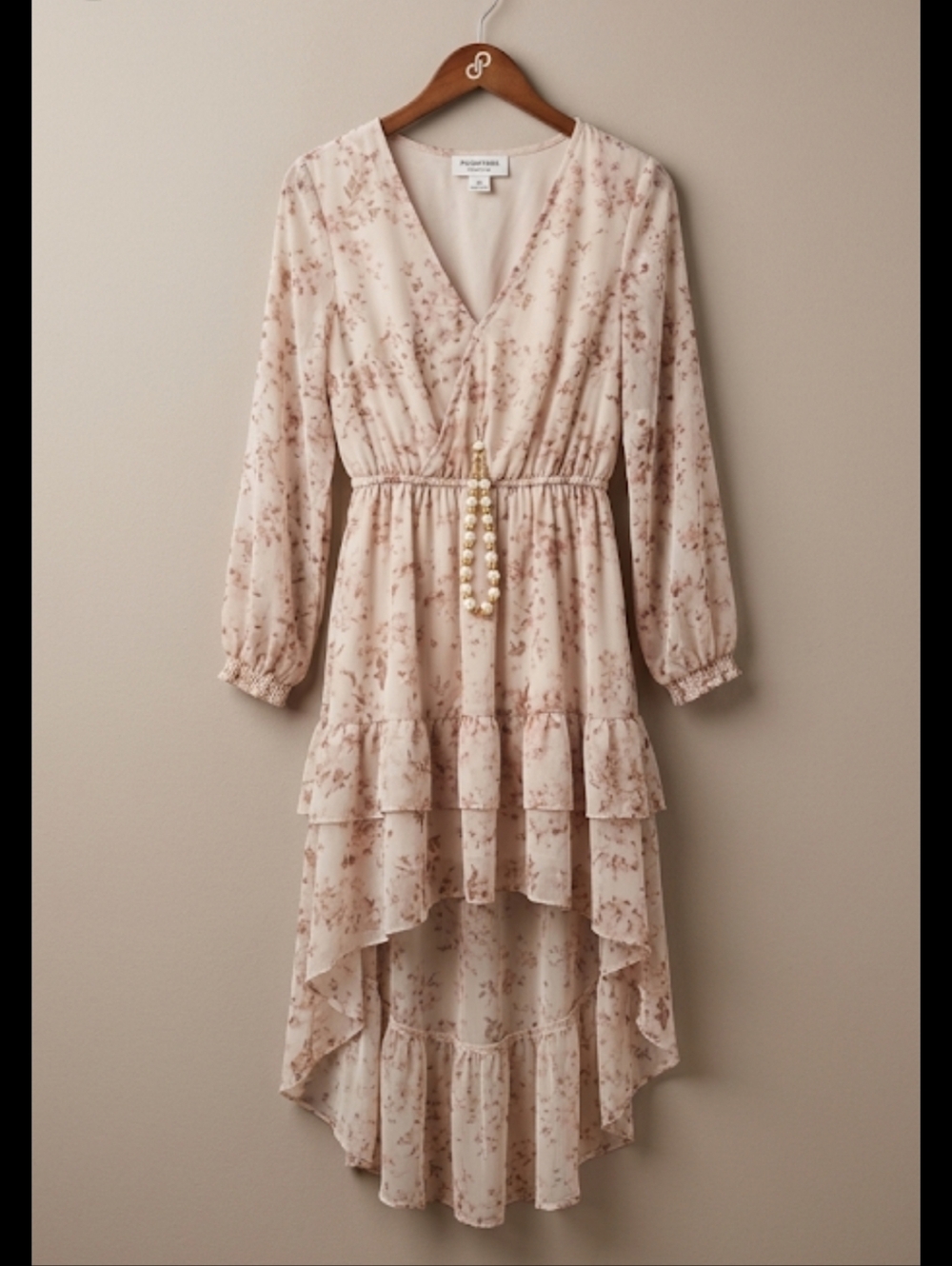 Elegant Floral Flowy Lightweight Summery Whimsy Long Sleeved High Low Dress NC - Picture 6 of 7